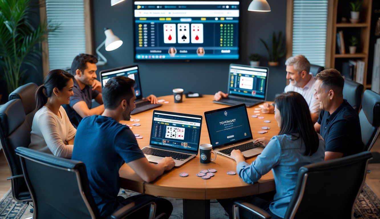 Beberapa orang dewasa sedang bermain poker online di meja dengan komputer dan perangkat digital di ruangan yang nyaman.