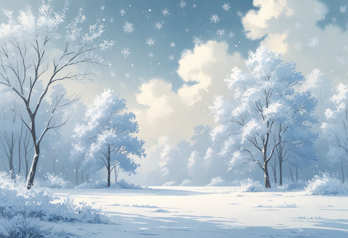A peaceful winter landscape with snow-covered trees and gently falling snowflakes over a snowy ground.