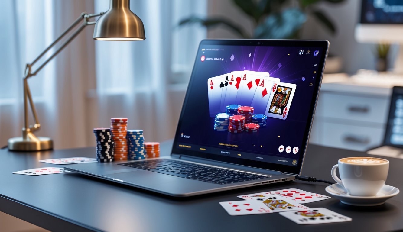 Sebuah meja kerja dengan komputer menampilkan permainan poker online, kartu dan chip poker di atas meja, suasana rapi dan profesional.