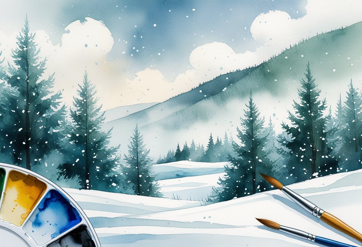 A winter landscape with snow-covered trees and falling snowflakes over hills.