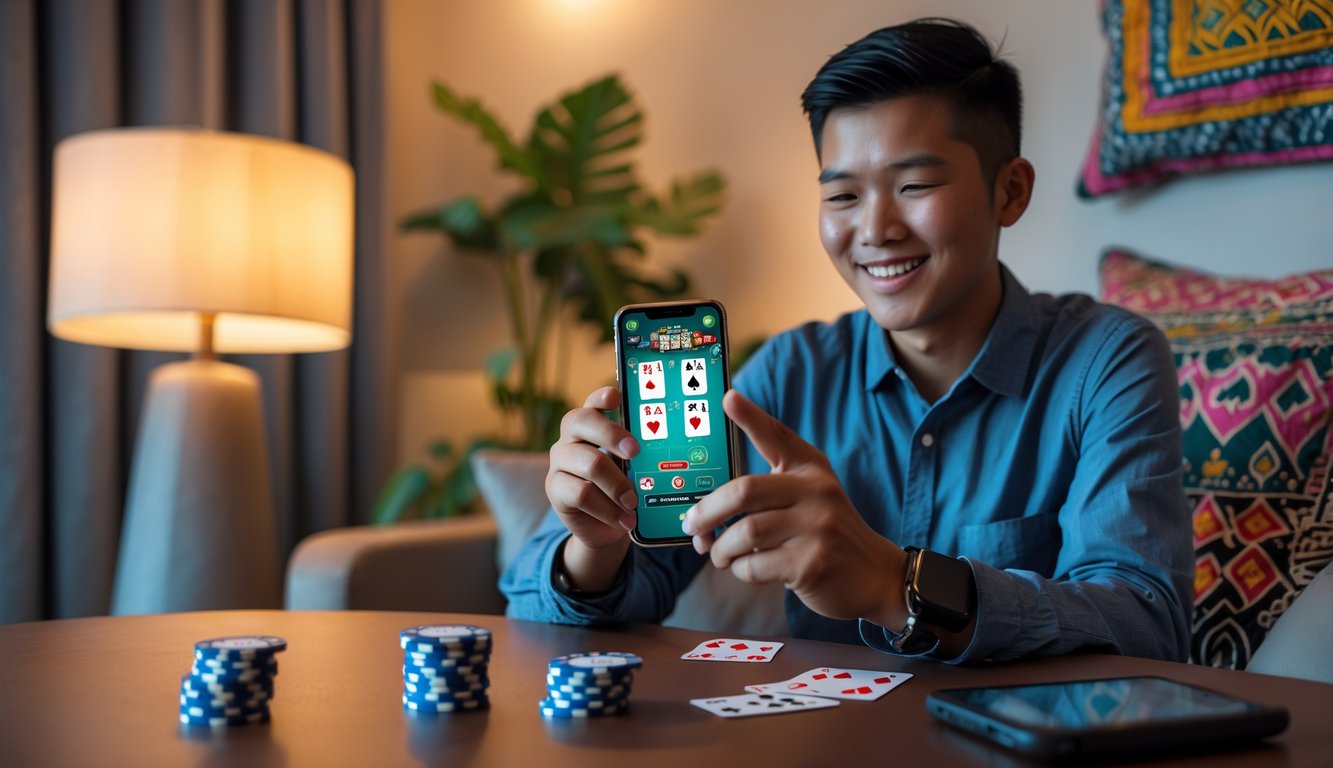 Seseorang sedang bermain poker online menggunakan ponsel di dalam rumah yang nyaman.