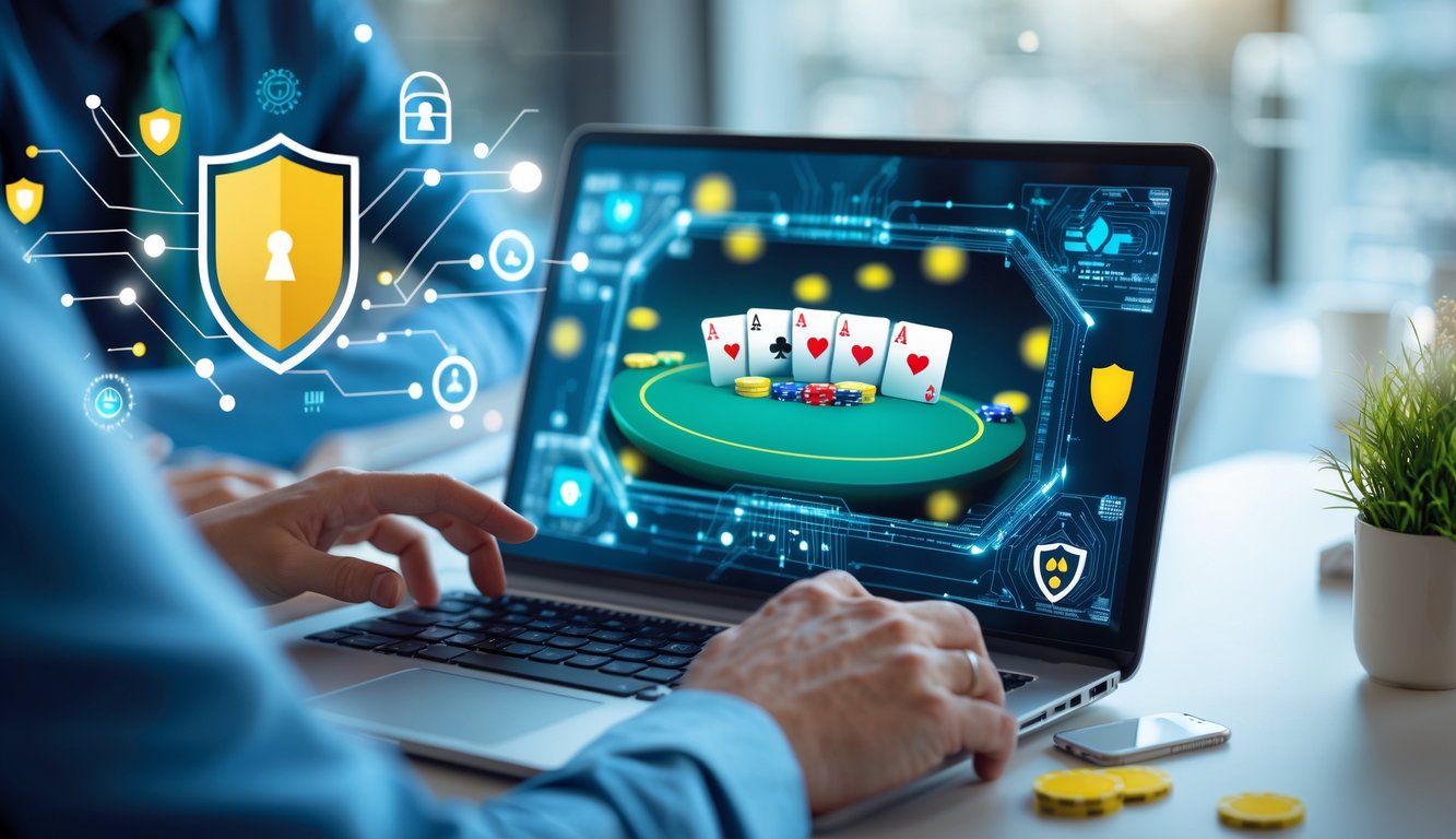 Seseorang menggunakan laptop dengan permainan poker online di layar, dikelilingi oleh simbol keamanan digital dan latar belakang teknologi modern.
