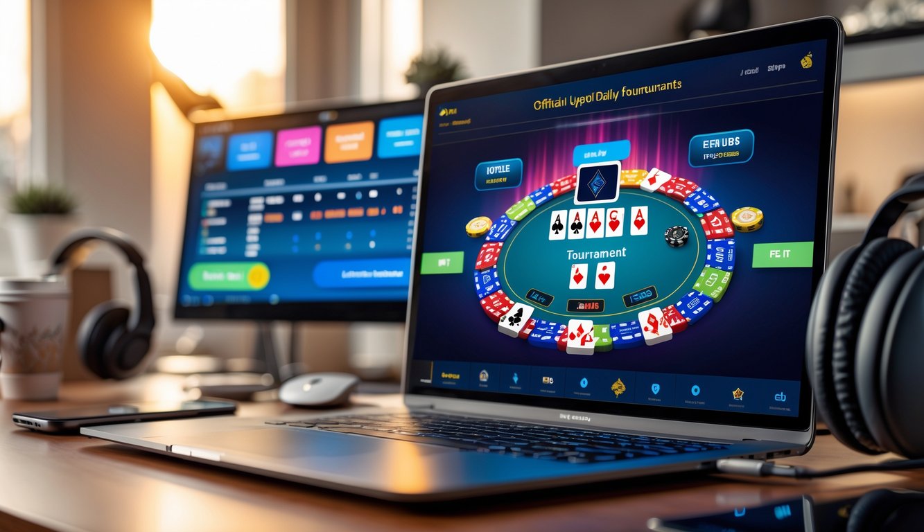 Seseorang sedang bermain poker online di depan komputer dengan tampilan permainan poker dan chip di layar.