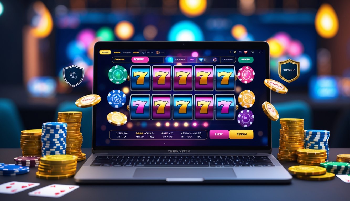 Layar komputer menampilkan permainan slot online dengan berbagai ikon dan simbol, di meja kerja yang nyaman dengan dekorasi bertema kasino di latar belakang.