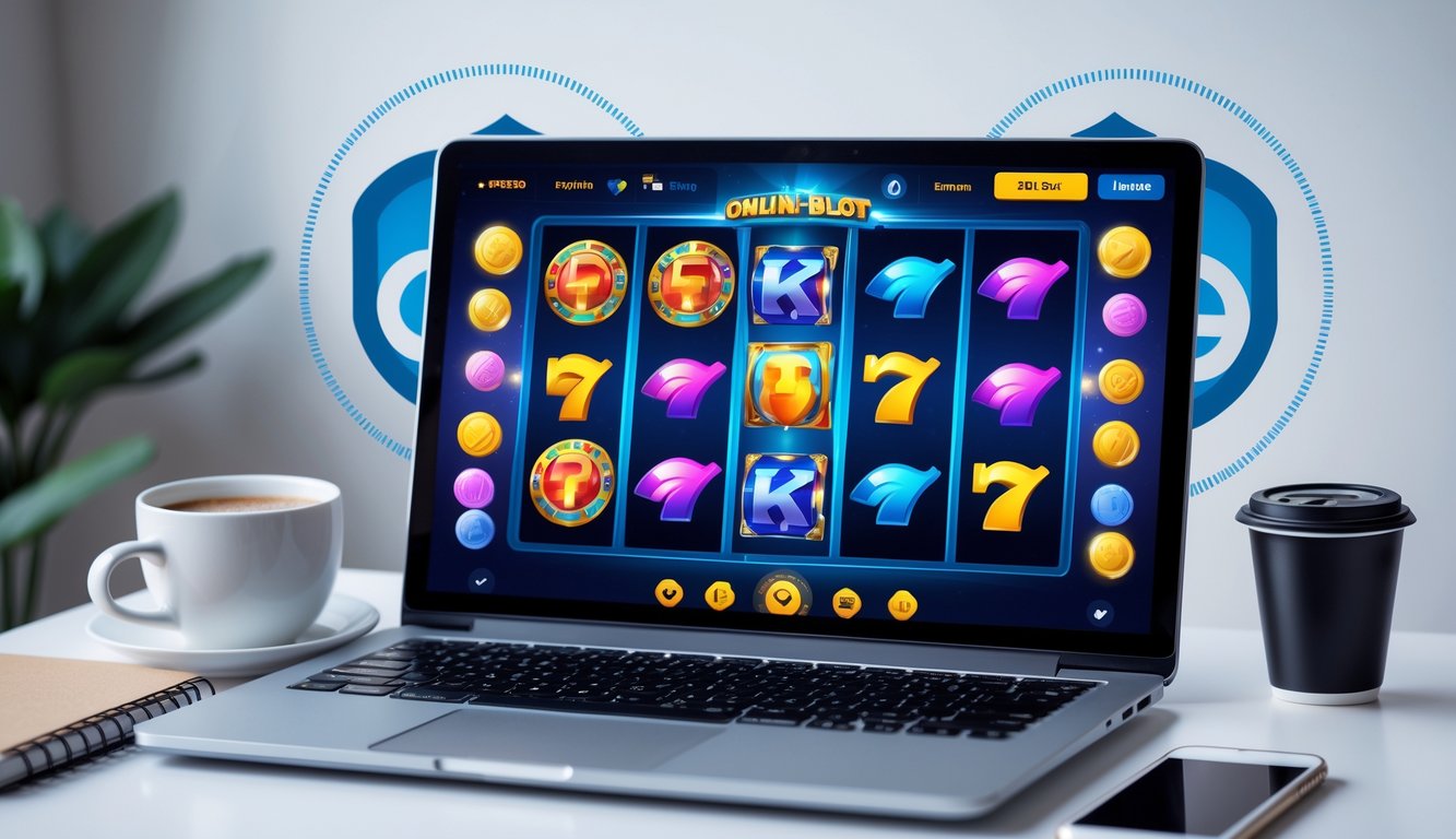 Seorang pengguna sedang bermain game slot online di komputer di meja kerja yang rapi dengan kopi dan ponsel di sampingnya.