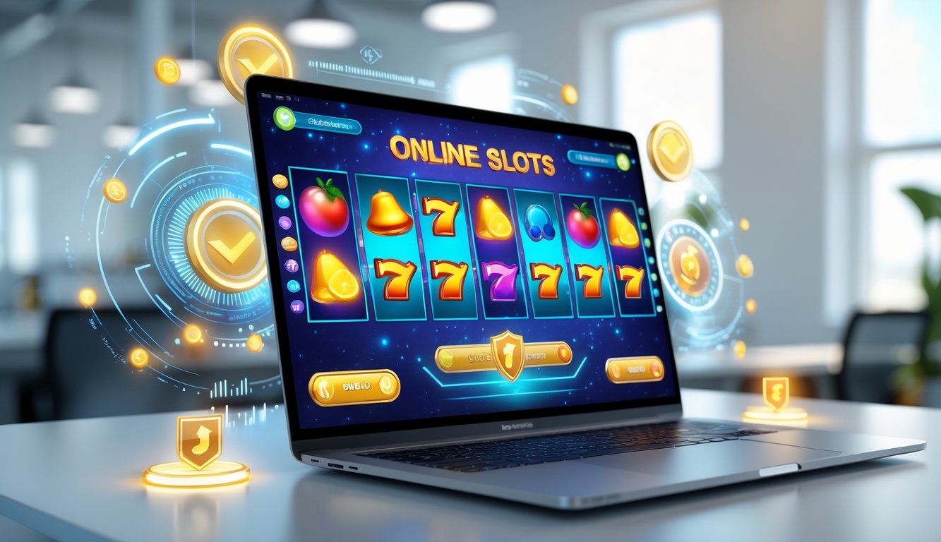 Sebuah komputer dengan layar menampilkan permainan slot online yang berwarna-warni di lingkungan kantor yang bersih dan terang.