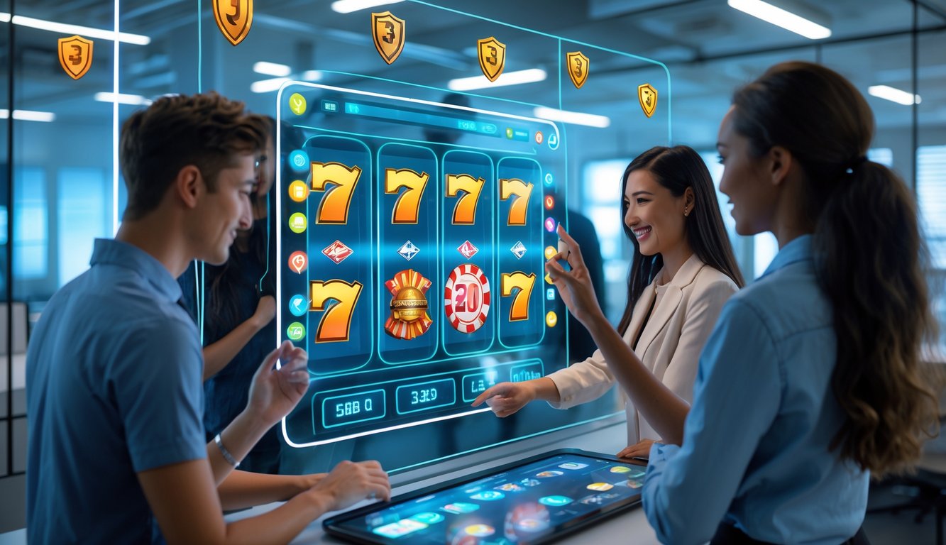 Sejumlah orang muda sedang menggunakan antarmuka digital modern untuk bermain slot online dengan latar belakang kantor teknologi yang aman.