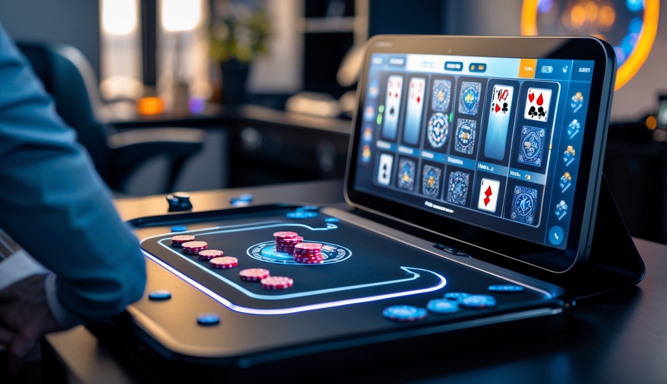 Meja permainan kartu digital modern di layar komputer dengan suasana ruang permainan yang nyaman.