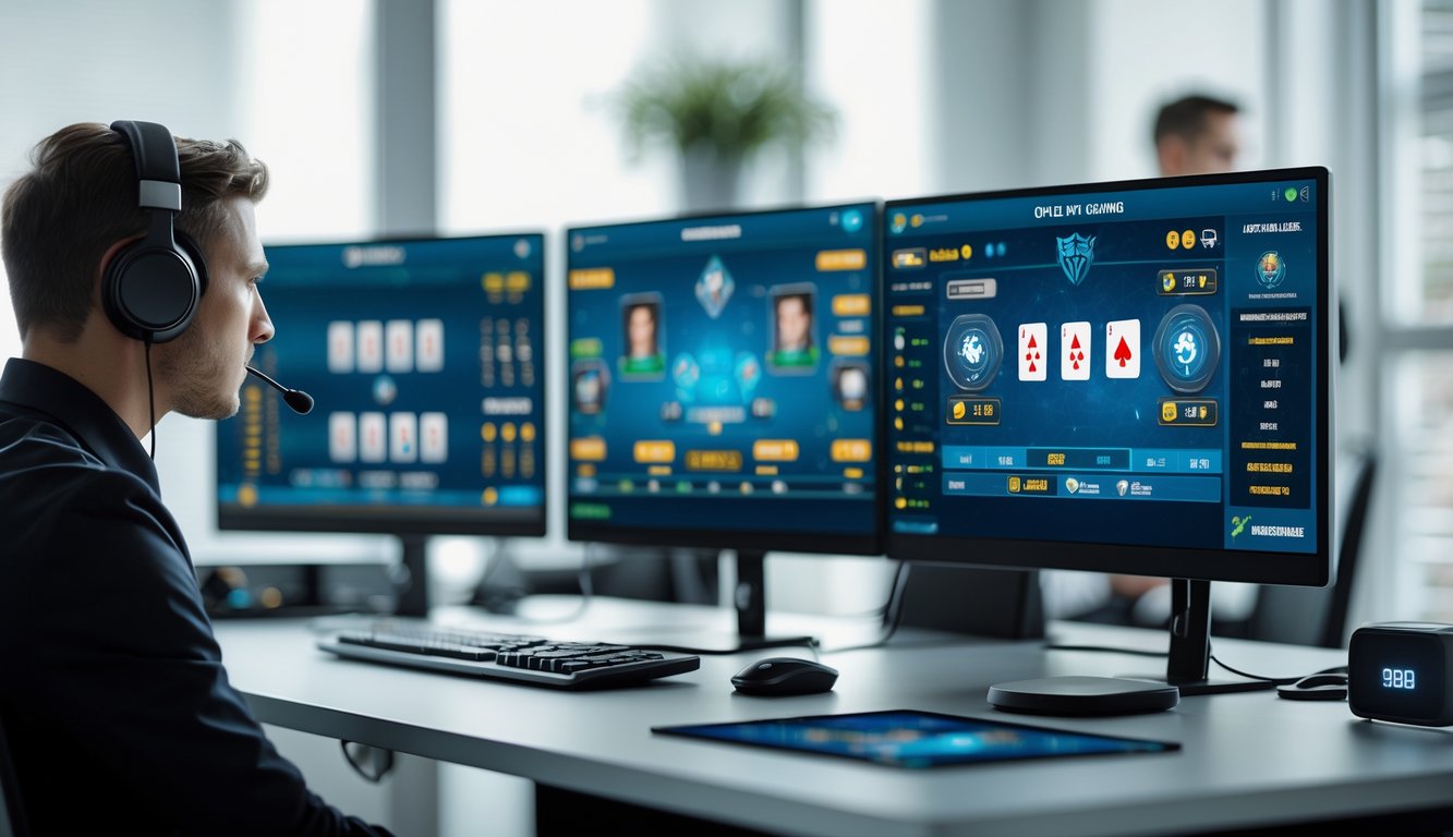 Meja kerja modern dengan komputer menampilkan permainan kartu digital, suasana tenang dan rapi.