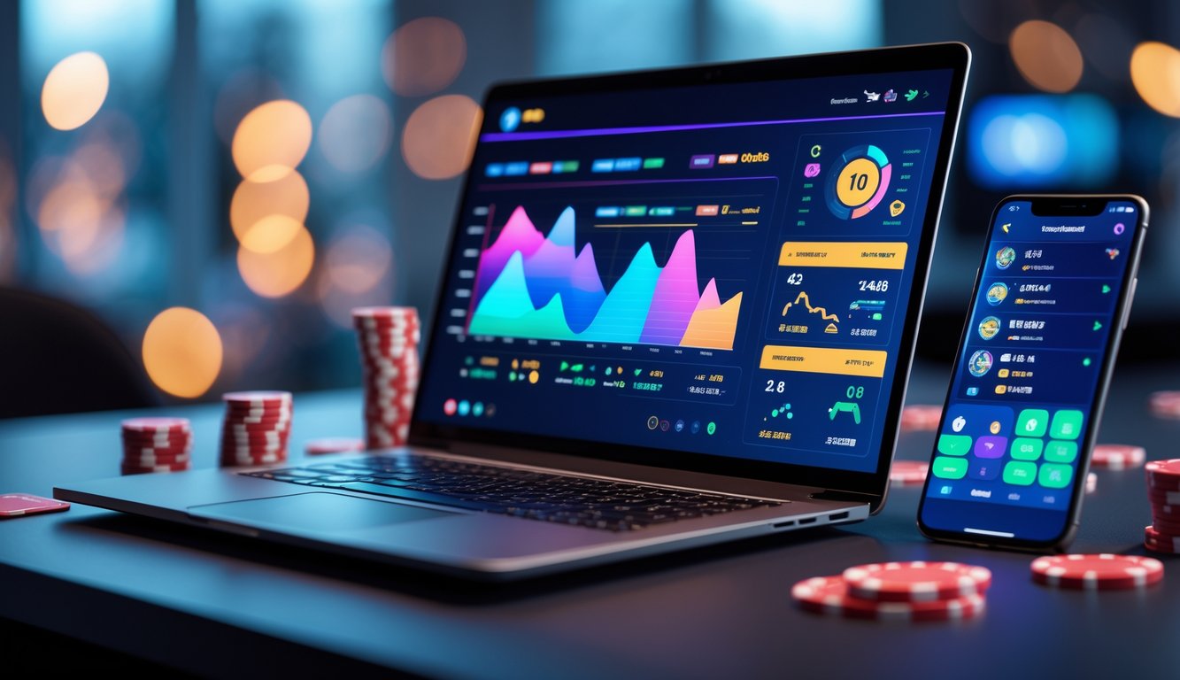 Seorang pengguna sedang melihat data permainan real time di layar laptop dengan elemen permainan seperti kartu dan chip di sekitarnya.