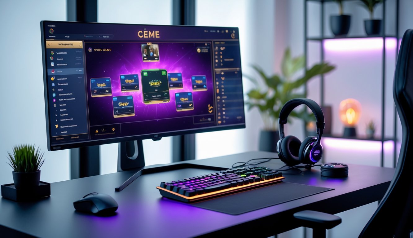 Meja dengan monitor besar menampilkan permainan kartu online Ceme, dilengkapi keyboard, mouse, dan headset di ruangan yang rapi.