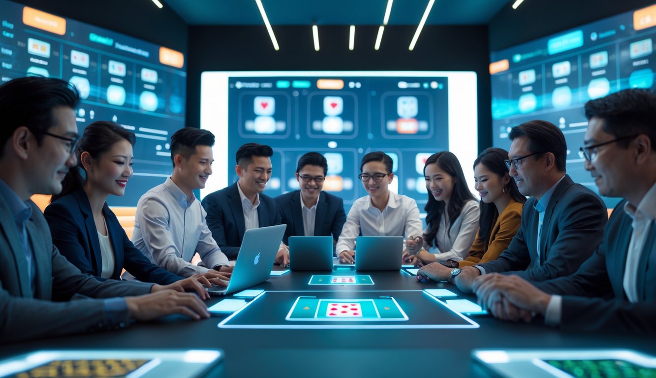 Sekelompok orang bermain kartu Ceme secara online di meja digital dengan perangkat teknologi di ruangan modern.