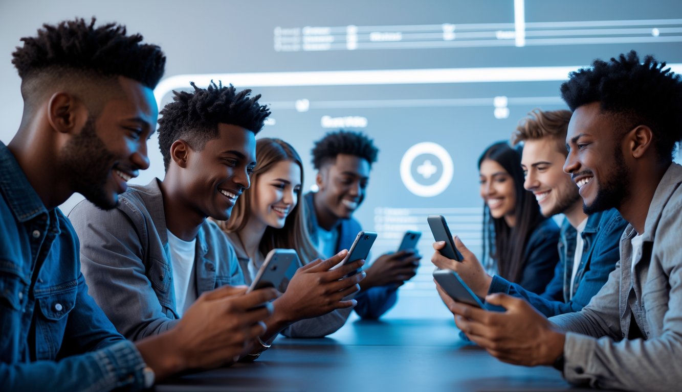 Sekelompok orang muda menggunakan ponsel dengan ekspresi senang dan percaya diri di lingkungan digital yang modern dan ramah pengguna.