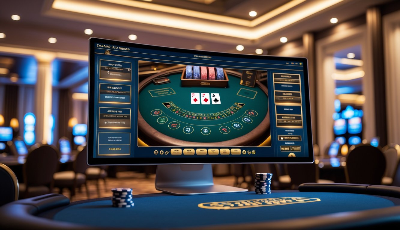 Sebuah meja blackjack digital modern yang ditampilkan di layar komputer dengan kartu dan chip, berada di ruangan dengan pencahayaan hangat dan dekorasi bertema kasino.
