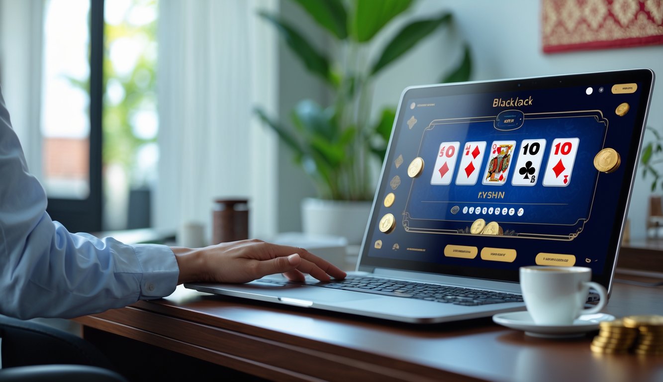 Seseorang sedang bermain blackjack online di komputer dengan latar belakang elemen budaya Indonesia.