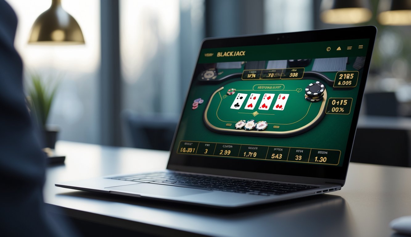 Seorang pengguna duduk di depan laptop yang menampilkan permainan blackjack online dengan data statistik RTP secara real-time.