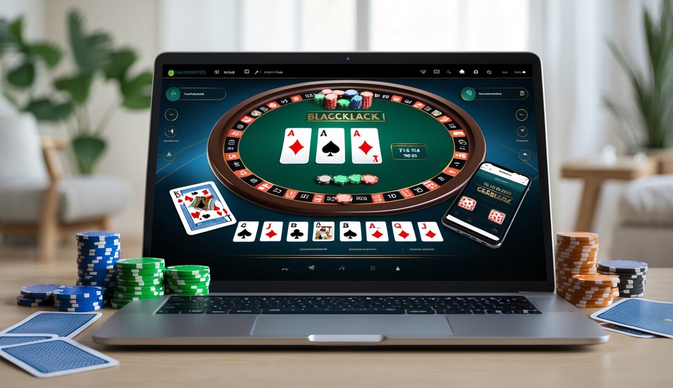 Sebuah laptop dengan permainan blackjack online terbuka, dikelilingi oleh kartu remi dan chip poker di meja dalam ruangan yang nyaman.