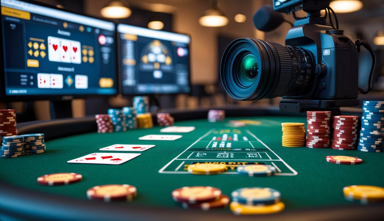 Meja blackjack dengan kartu dan chip poker, kamera mengarah ke meja untuk streaming langsung, layar komputer menampilkan permainan.