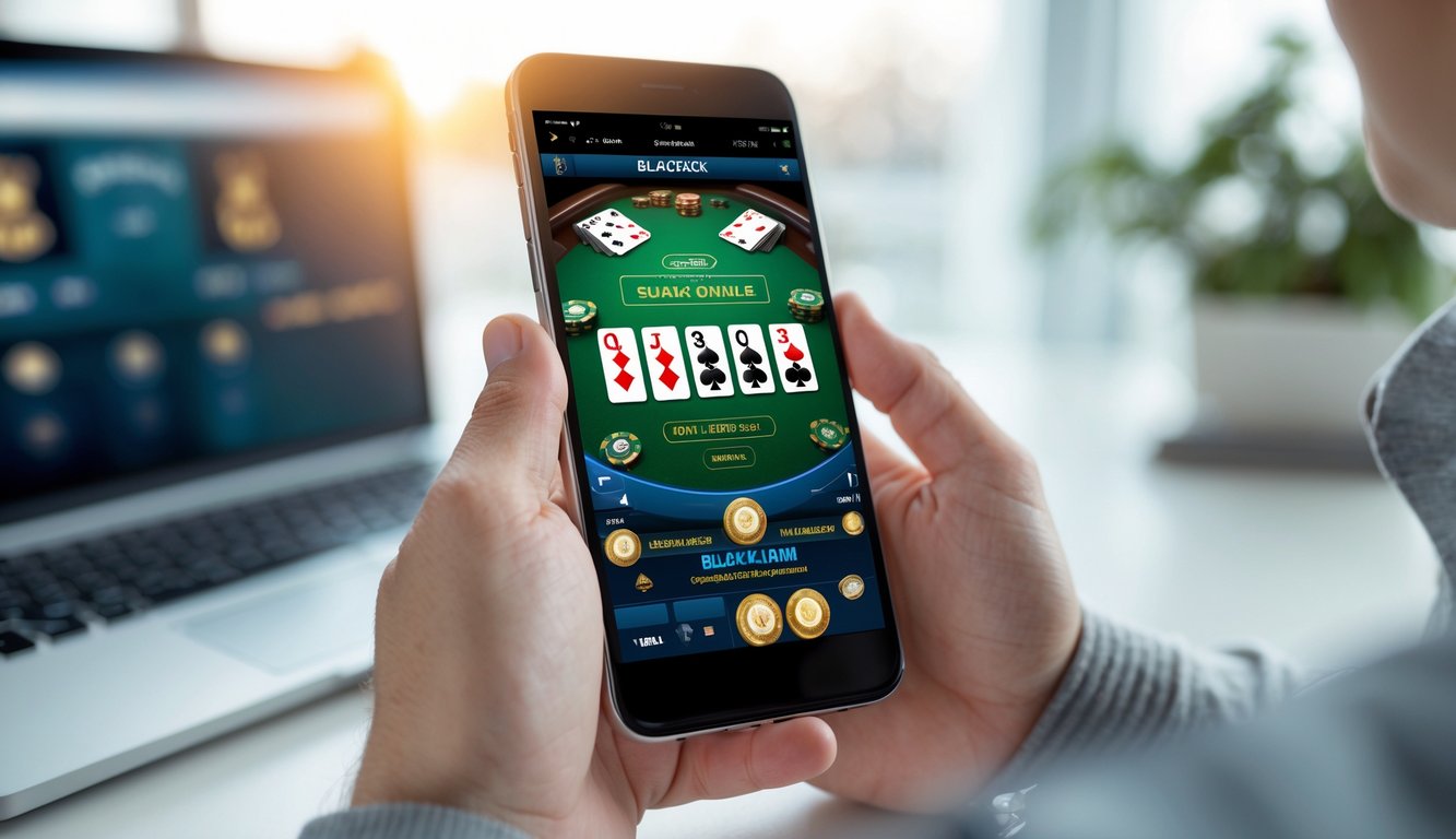 Seseorang memegang ponsel yang menampilkan permainan blackjack online dengan kartu dan chip di layar.