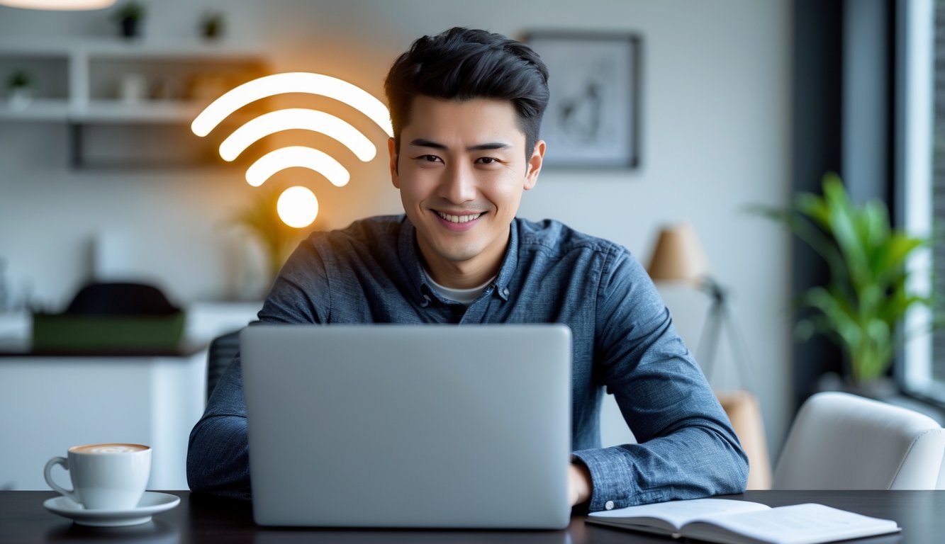 Seorang dewasa muda menggunakan laptop di ruang kerja modern dengan suasana nyaman dan koneksi internet stabil.