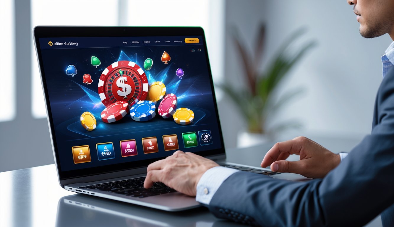 Seseorang menggunakan komputer dengan tampilan permainan judi online yang profesional dan aman.