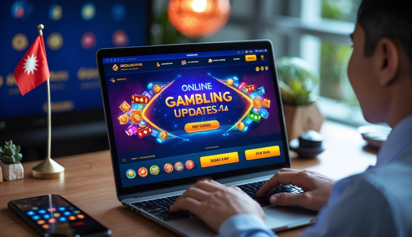 Seseorang menggunakan laptop dengan tampilan permainan judi online terbaru, di meja dengan dekorasi kecil bertema Indonesia.