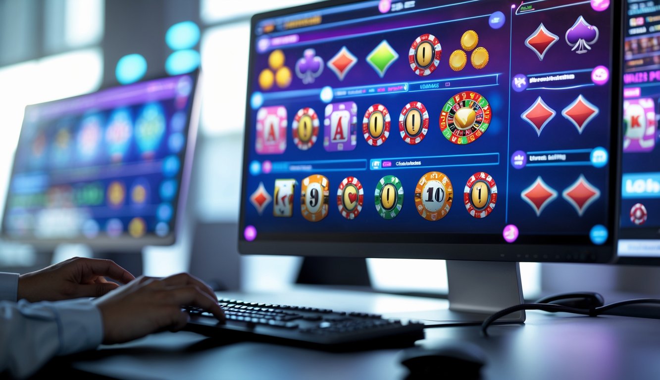 Seseorang menggunakan komputer dengan layar menampilkan berbagai permainan kasino online.