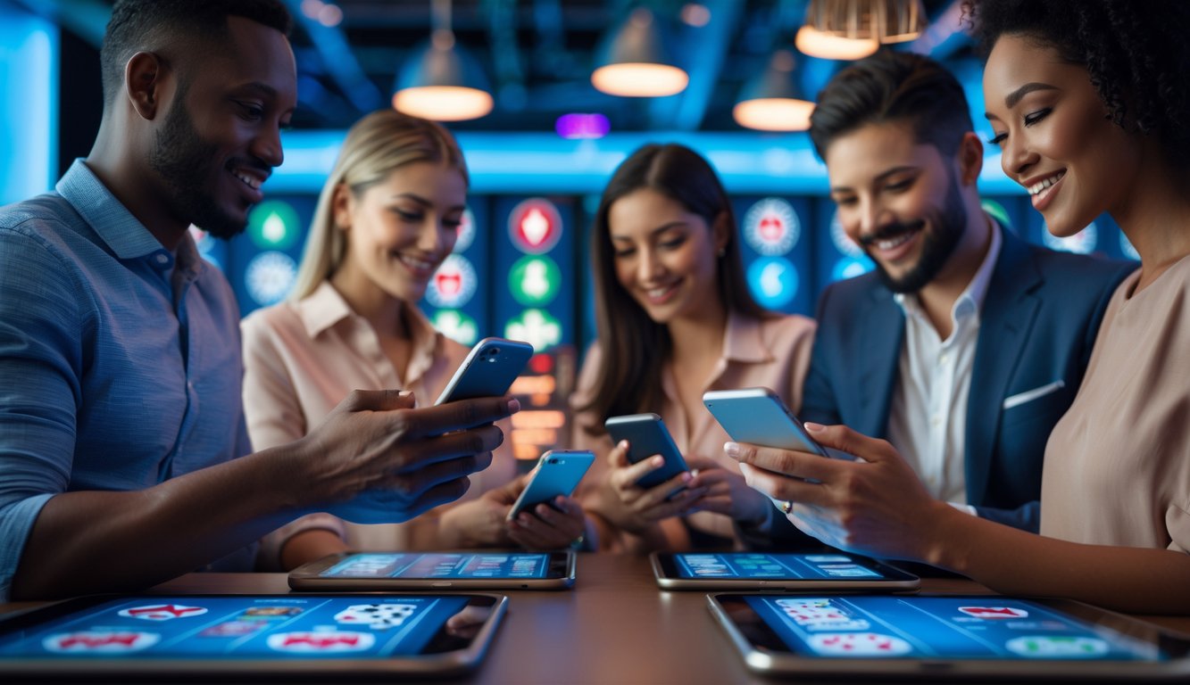 Orang-orang menggunakan ponsel dan tablet untuk bermain judi online dalam suasana yang nyaman dan modern.