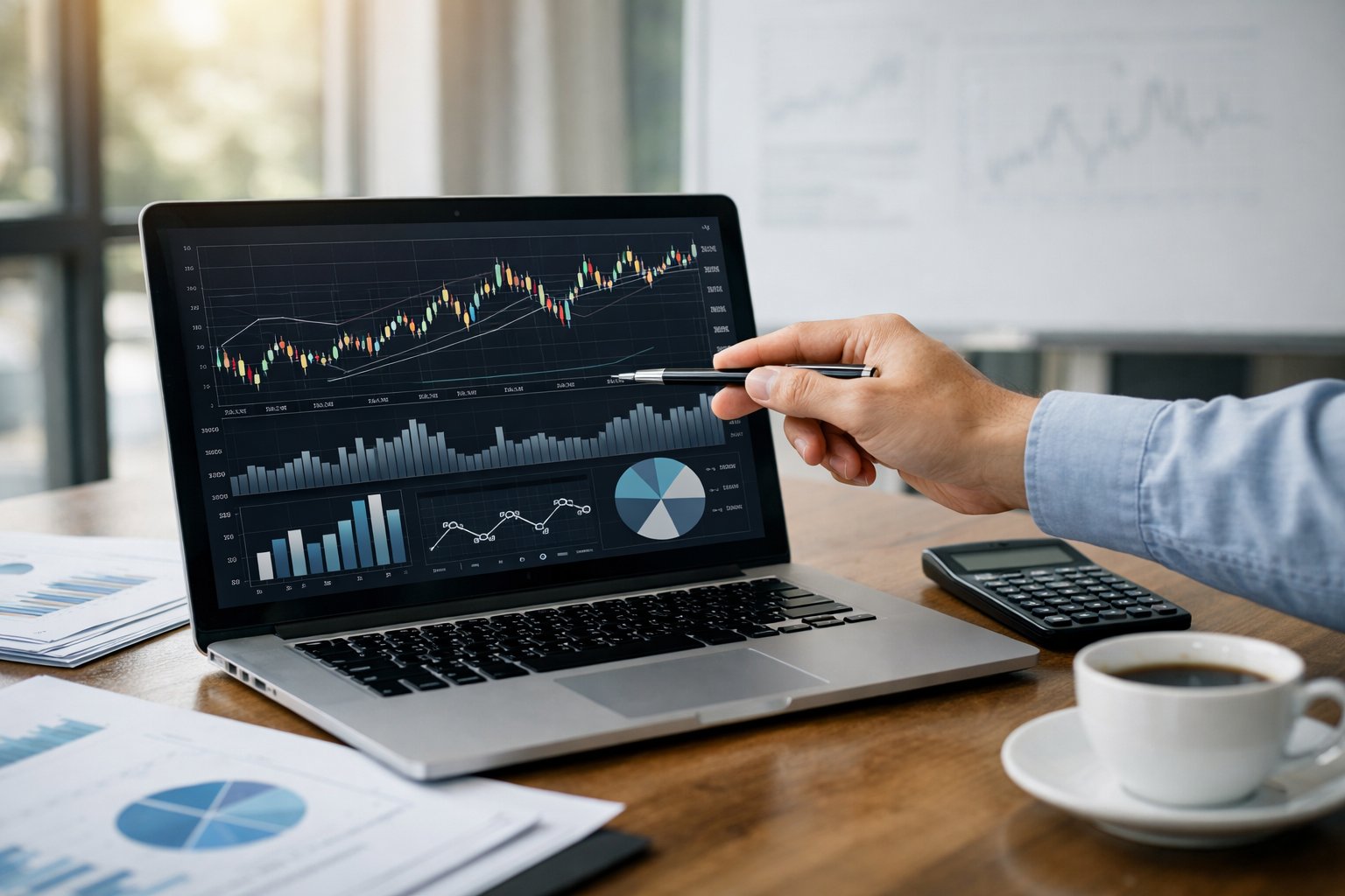 Une personne en tenue professionnelle analyse des graphiques financiers sur un ordinateur portable dans un bureau lumineux et moderne.