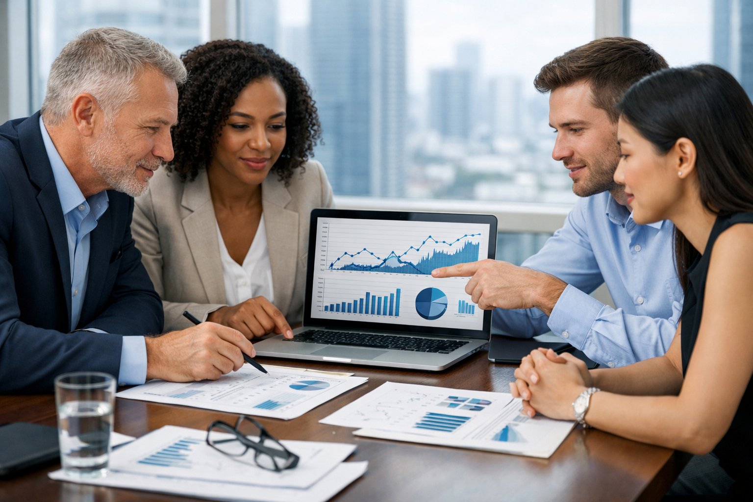Des professionnels en réunion autour d'une table de conférence avec des documents et un ordinateur portable montrant des graphiques, dans un bureau lumineux avec vue sur la ville.