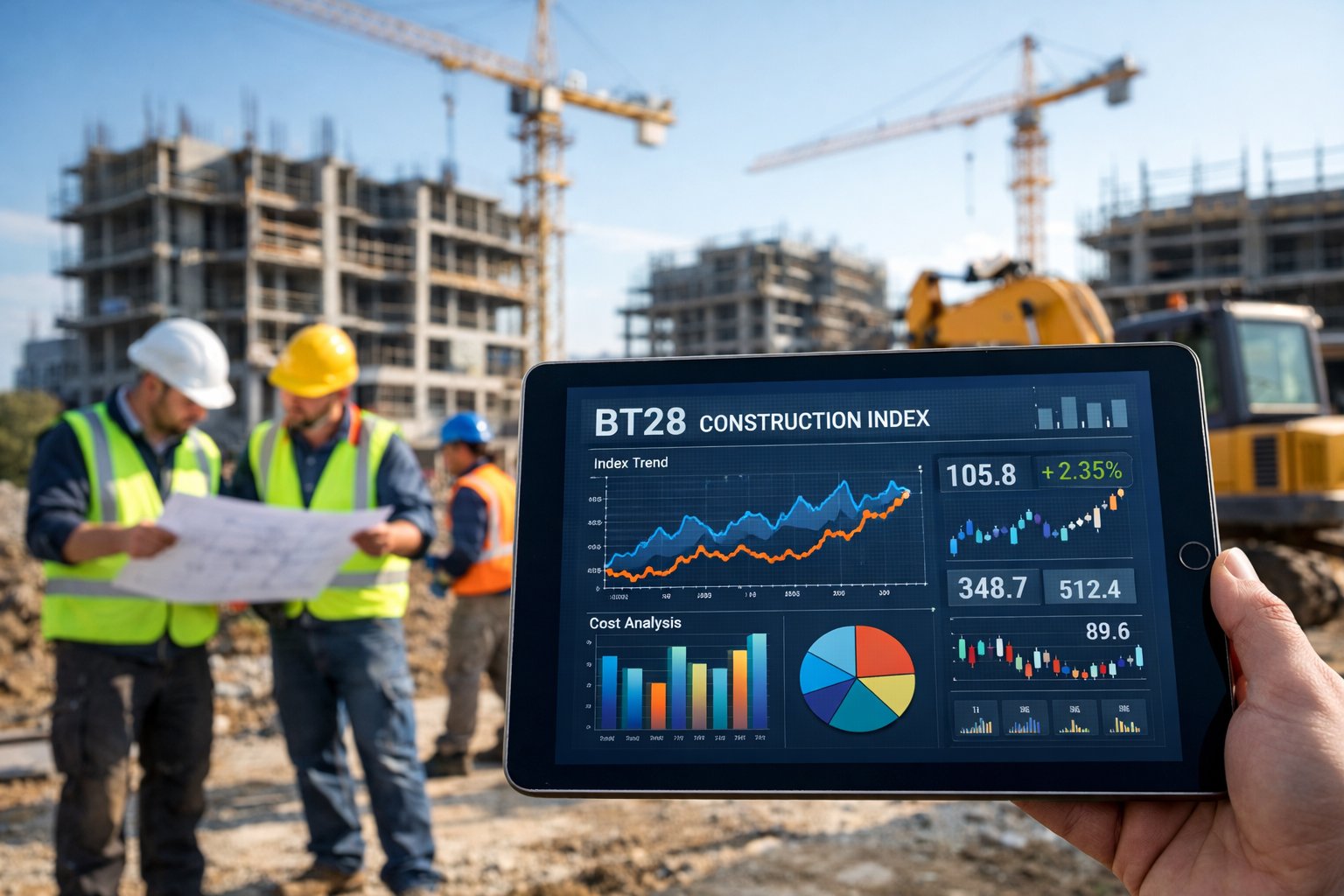 Des ouvriers sur un chantier de construction examinent des plans et utilisent une tablette affichant des graphiques, avec des bâtiments en construction en arrière-plan.