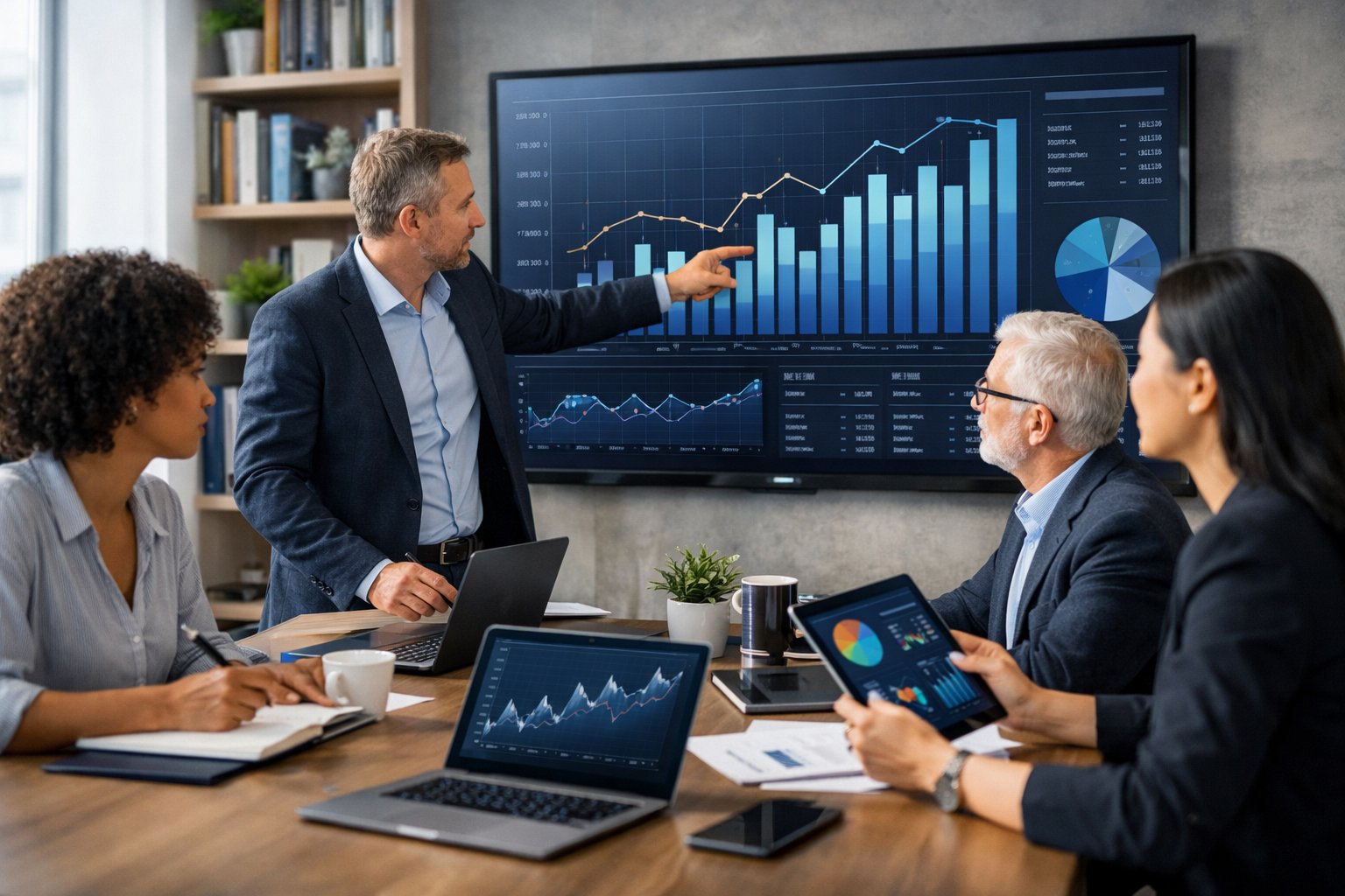 Des professionnels en réunion dans un bureau moderne, analysant des graphiques et des données financières sur des écrans et des ordinateurs portables.