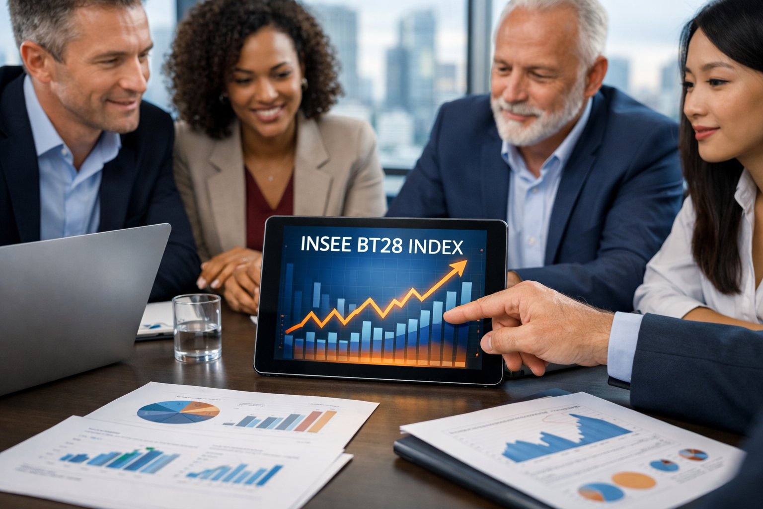 Des professionnels en réunion dans un bureau moderne, analysant des graphiques et des données sur des appareils numériques.