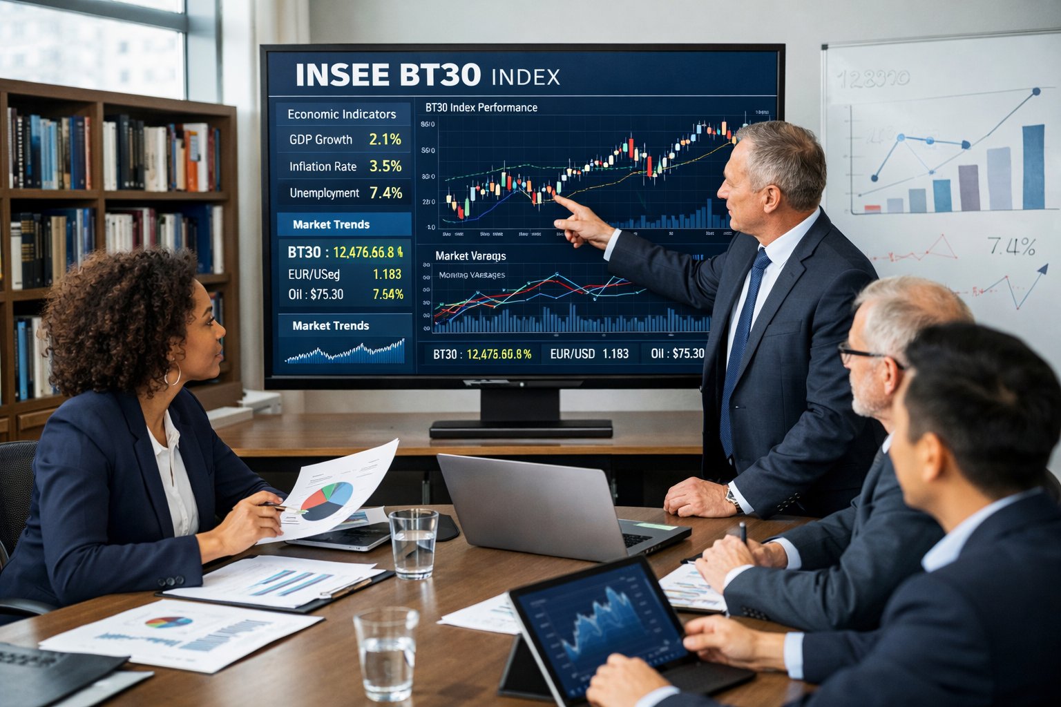 Groupe de professionnels en réunion autour d'une table avec des graphiques et des données économiques affichées sur un écran dans un bureau moderne.