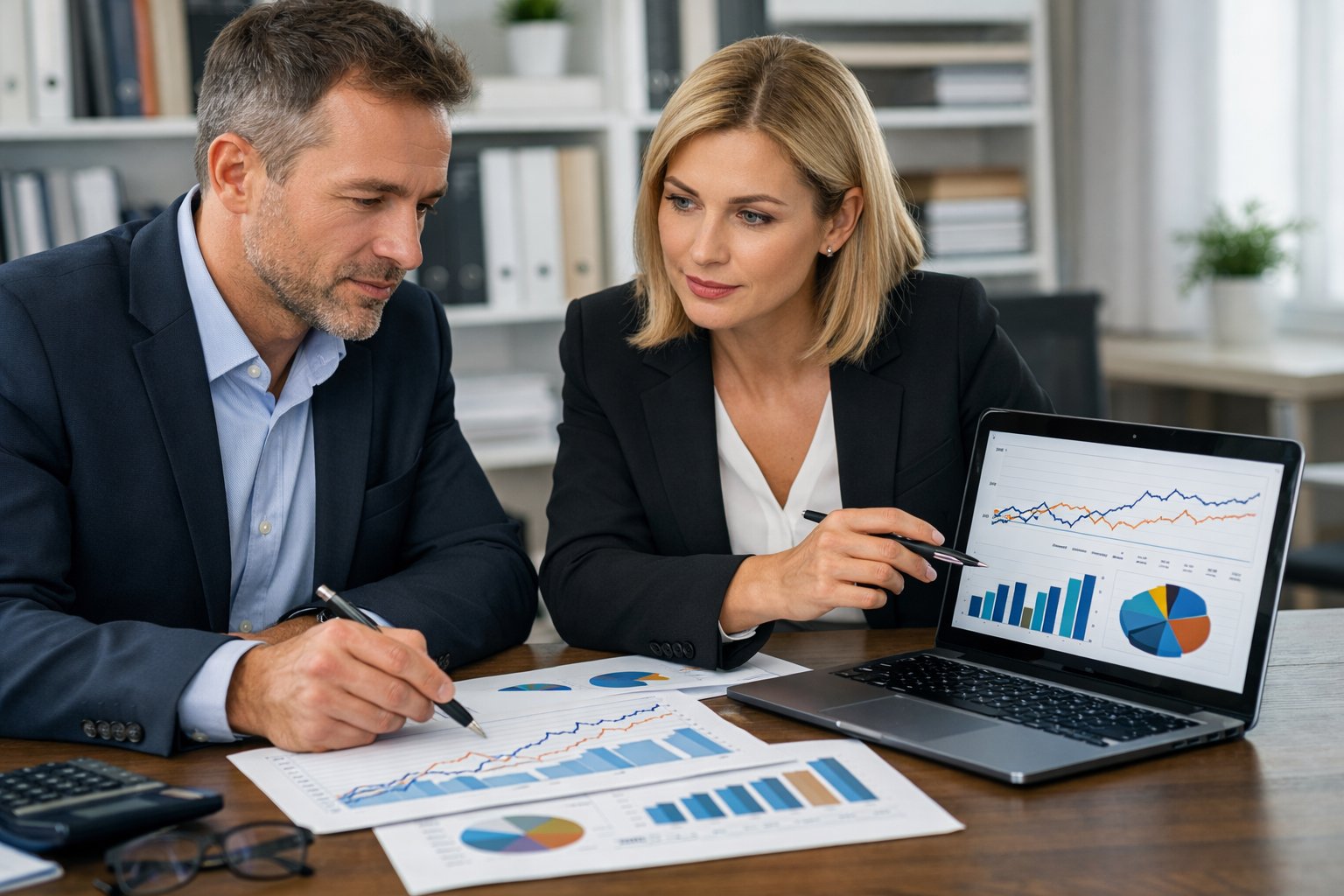 Deux professionnels discutant de documents financiers et de graphiques dans un bureau moderne.