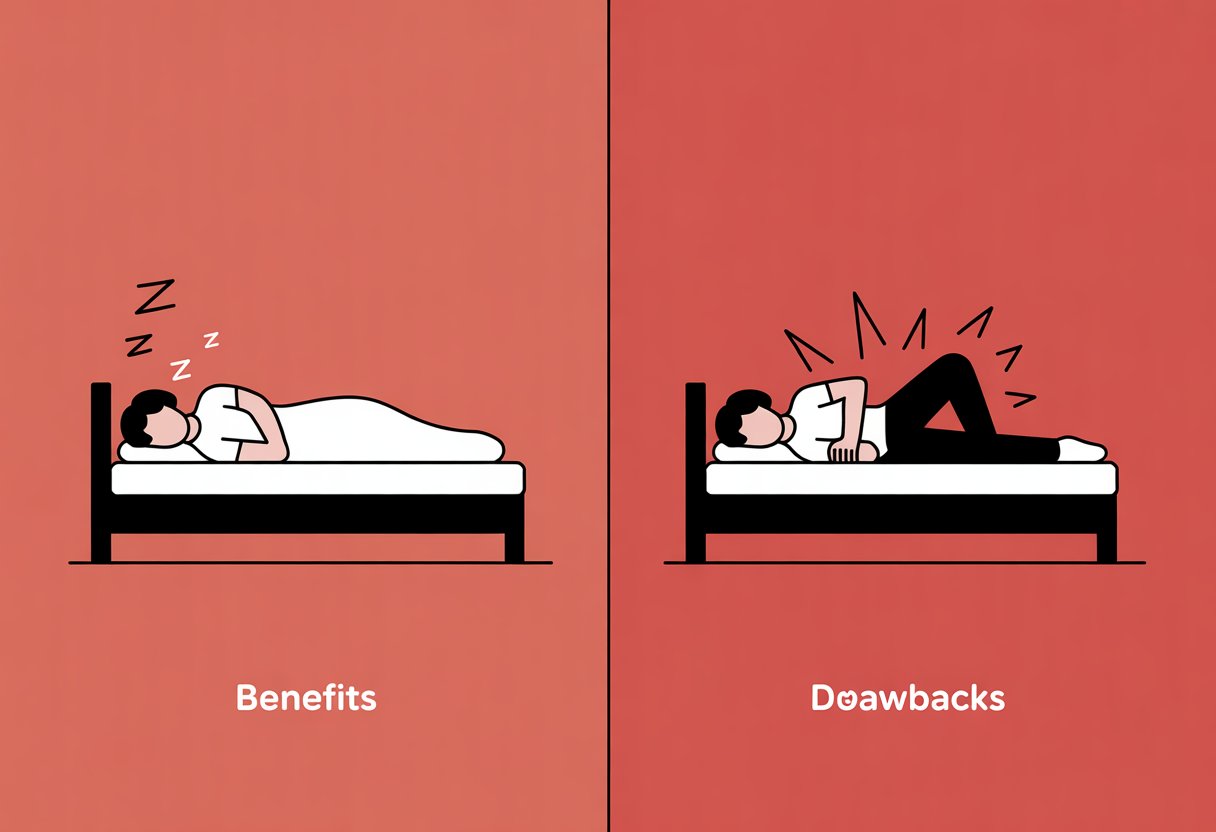 A split comic panel showing a person sleeping comfortably on a firm mattress on the left and a person appearing tense and uncomfortable on a firm mattress on the right.