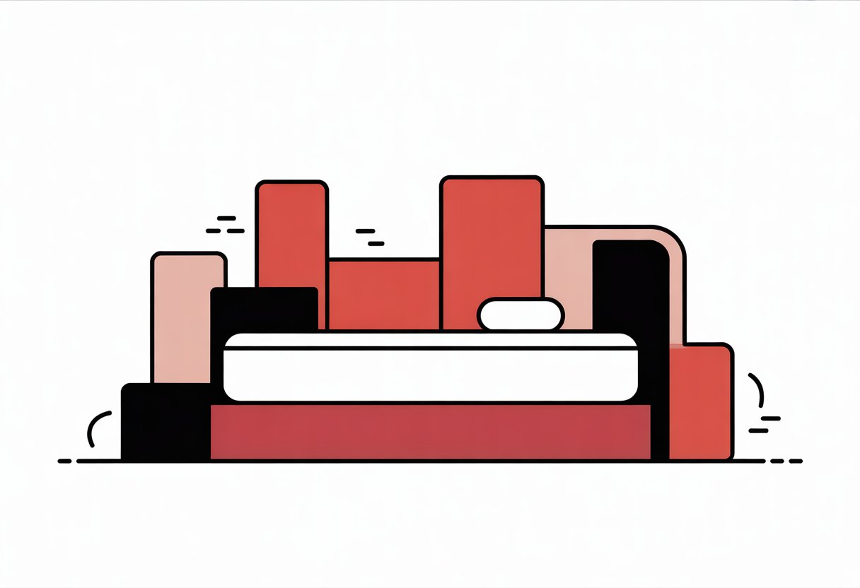 A simple illustration of a firm mattress with bold shapes suggesting support and stability, using red, black, and white colors.