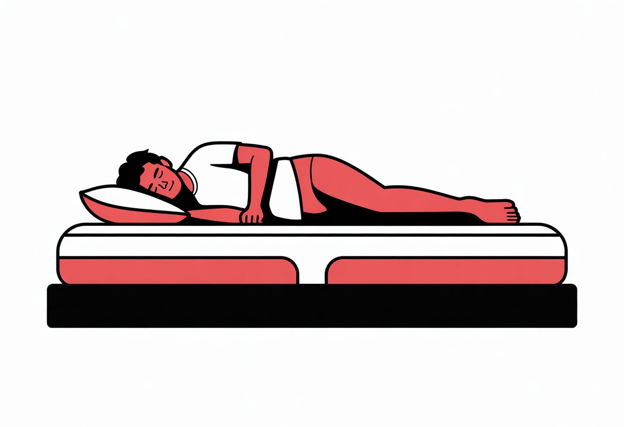 A person lying on their side on a mattress, shown from the side, with bent knees and a pillow under their head.