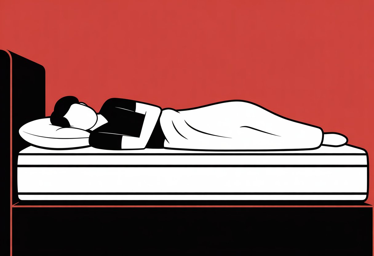 A person lying on their side on a mattress, shown in simple black and white shapes against a red background.