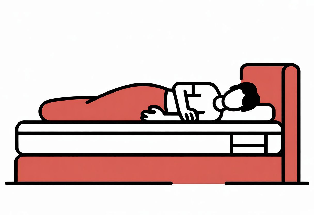 A person lying on their side on a mattress in a simple bedroom setting.