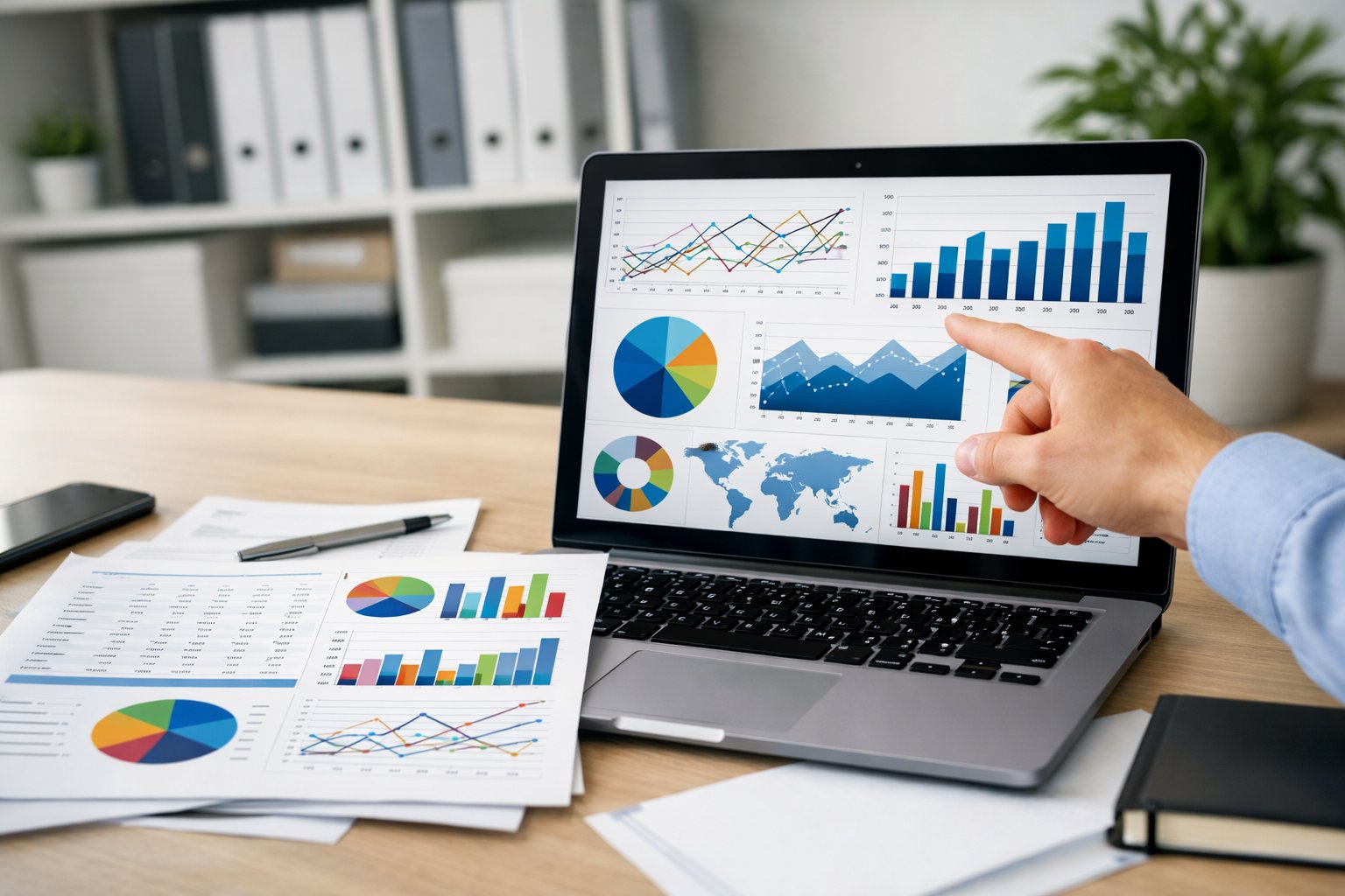 Un bureau moderne avec un ordinateur portable affichant des graphiques, des documents imprimés avec des données et une main pointant vers l'écran.