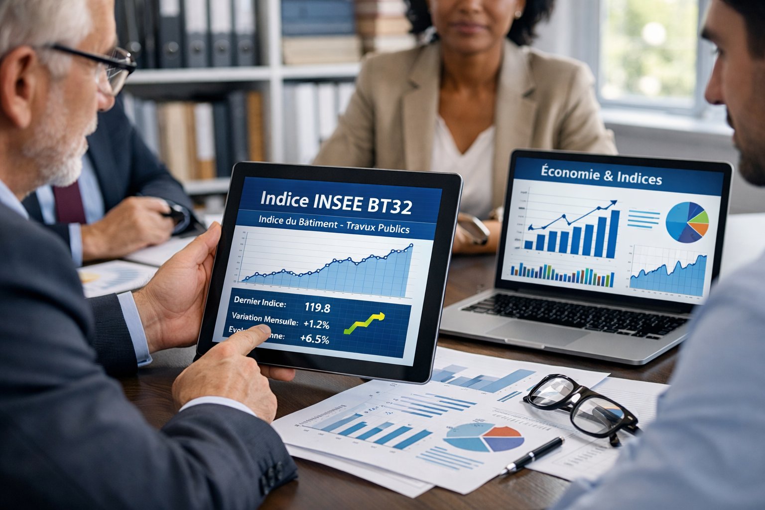 Des professionnels en réunion dans un bureau moderne, examinant des documents et des graphiques sur un ordinateur portable et une tablette.