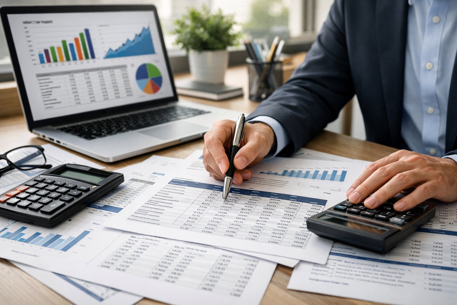 Un professionnel examinant des documents financiers et des graphiques sur un bureau dans un bureau moderne bien éclairé.