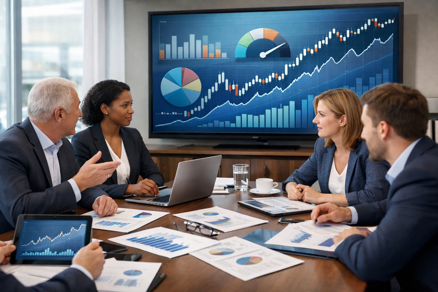 Des professionnels en réunion dans un bureau moderne, examinant des graphiques et des données financières sur des écrans et des documents.