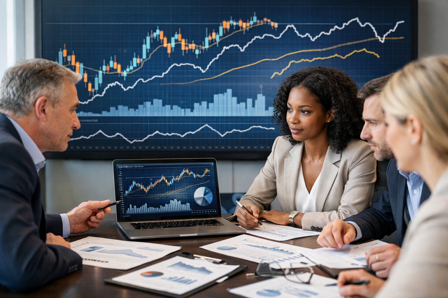 Des professionnels en réunion autour d'une table avec des graphiques et des documents financiers, analysant des données économiques dans un bureau moderne.