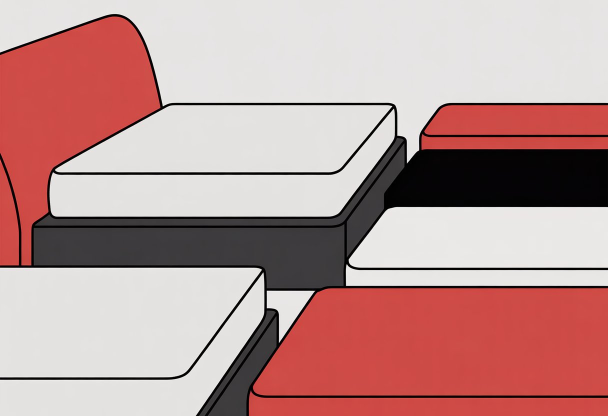 Three simplified foam mattresses shown side by side, each with distinct shapes and colors in red, black, and white. Three simplified foam mattresses shown side by side, each with distinct shapes and colors in red, black, and white.