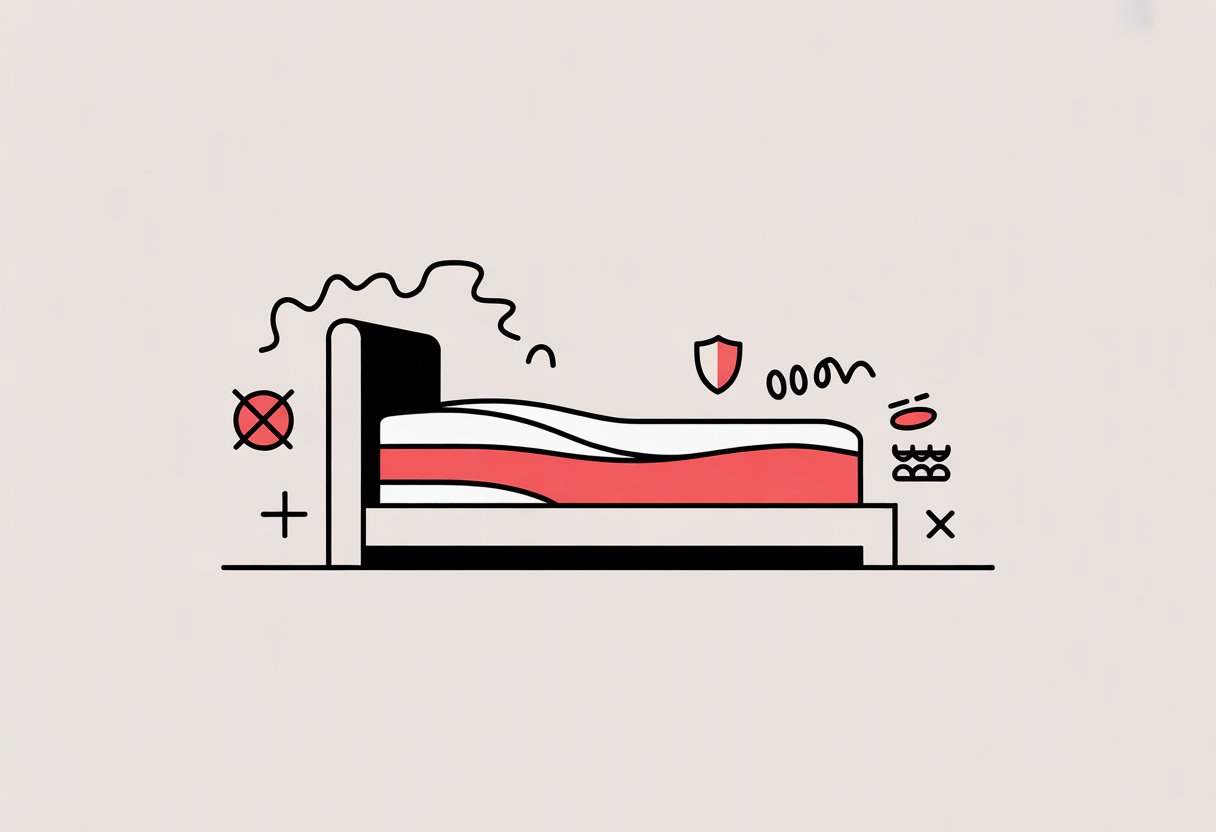 A side view illustration of a foam mattress on a bed frame with simple abstract shapes around it symbolizing comfort, support, and durability. A side view illustration of a foam mattress on a bed frame with simple abstract shapes around it symbolizing comfort, support, and durability.