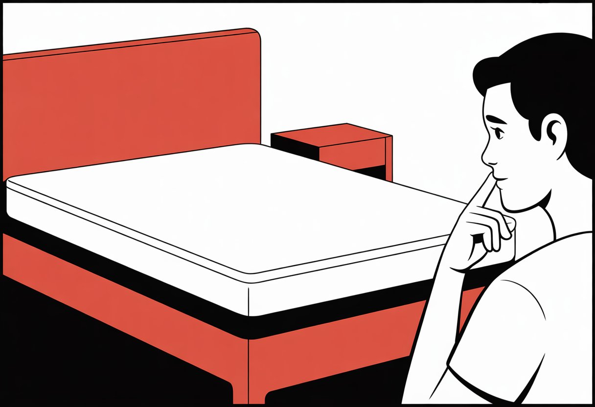 A person standing next to a foam mattress on a bed in a bedroom, looking at it thoughtfully. A person standing next to a foam mattress on a bed in a bedroom, looking at it thoughtfully.