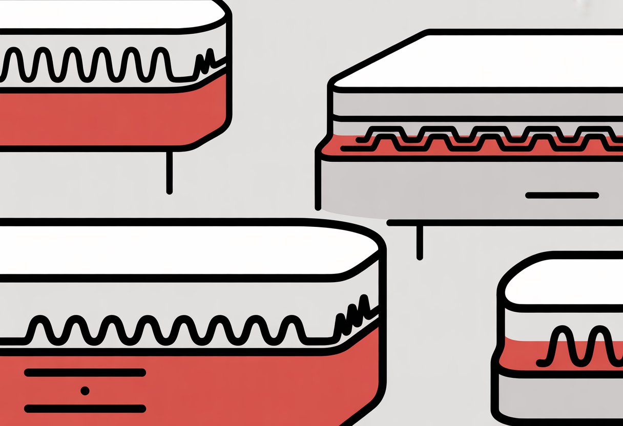 Three simplified innerspring mattresses shown side by side, each with distinct coil patterns inside.
