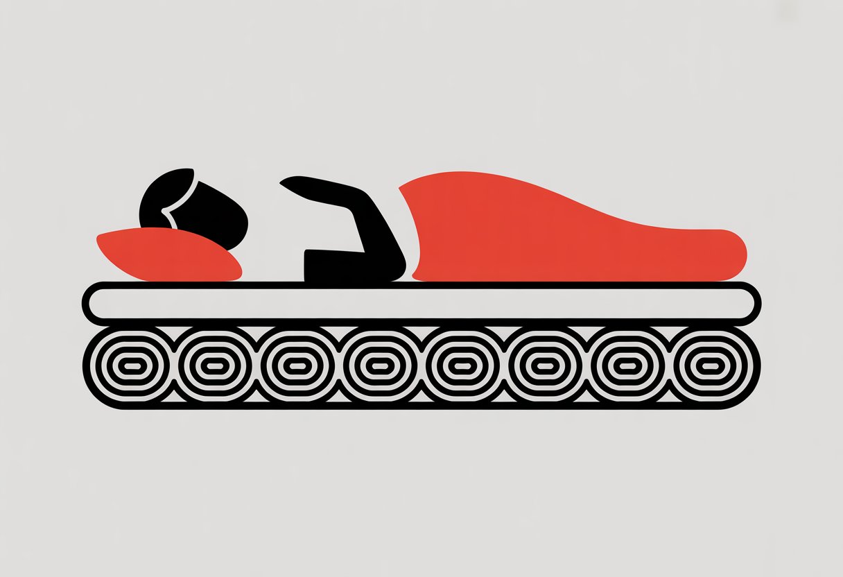 A simple illustration showing a cross-section of an innerspring mattress with black coils inside and abstract red shapes representing comfort and support above it.